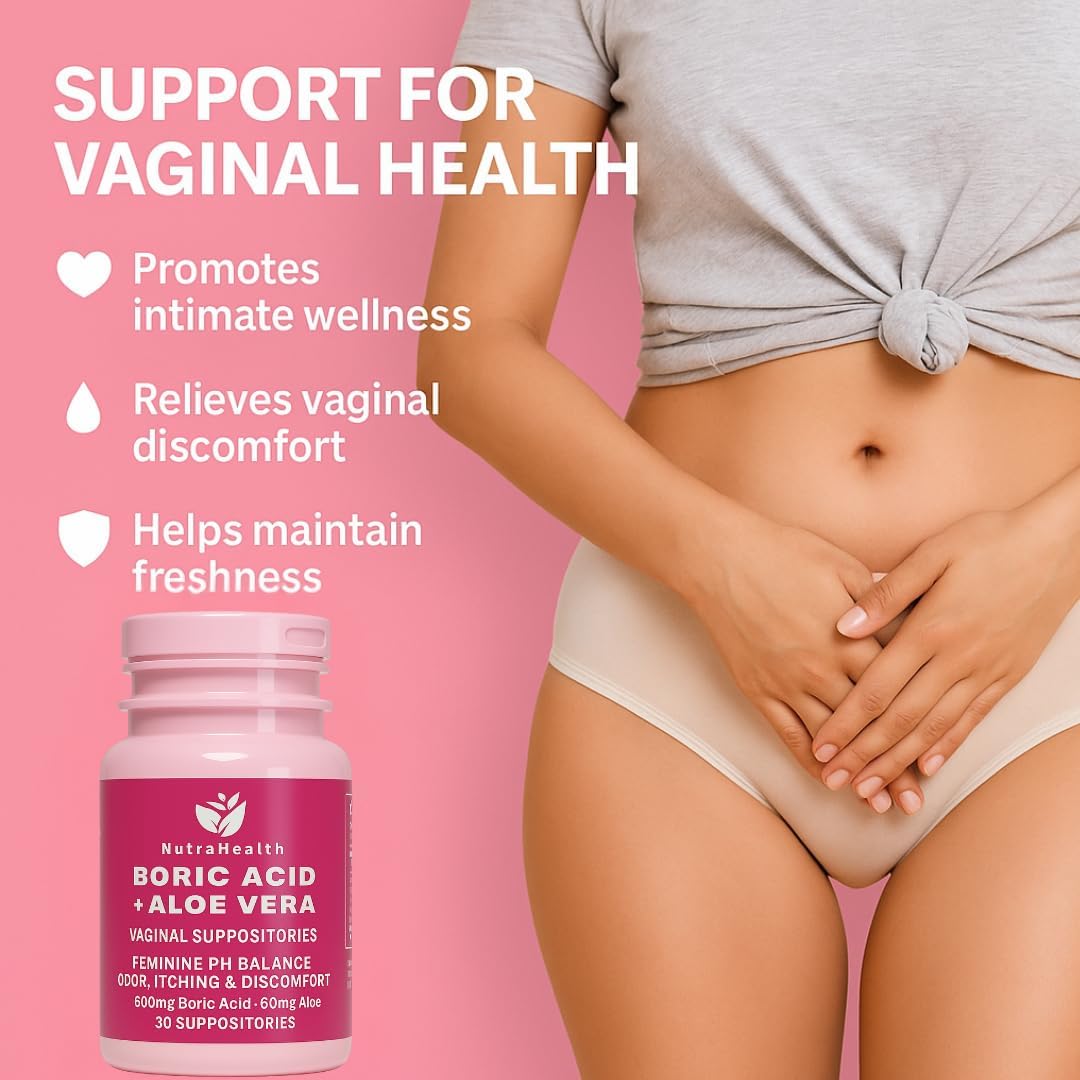 Boric Acid + Aloe Vera Vaginal Suppositories – Feminine pH Balance Support for Odor, Itching, and Discomfort – 600mg Boric Acid + 50mg Aloe – 30 Vaginal Suppositories
