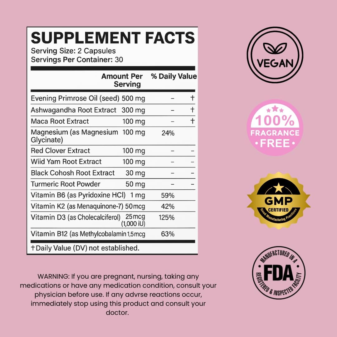 Meno Calm – 12-in-1 Perimenopause & Menopause Complex with Black Cohosh, Evening Primrose Oil, Wild Yam, Red Clover, Magnesium & Vitamins – Support Hormone Balance & Hot Flash