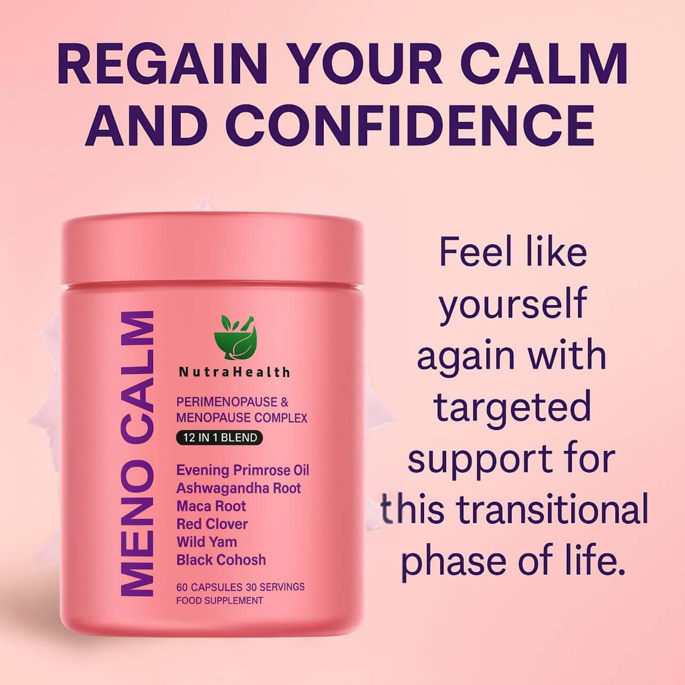 Meno Calm – 12-in-1 Perimenopause & Menopause Complex with Black Cohosh, Evening Primrose Oil, Wild Yam, Red Clover, Magnesium & Vitamins – Support Hormone Balance & Hot Flash