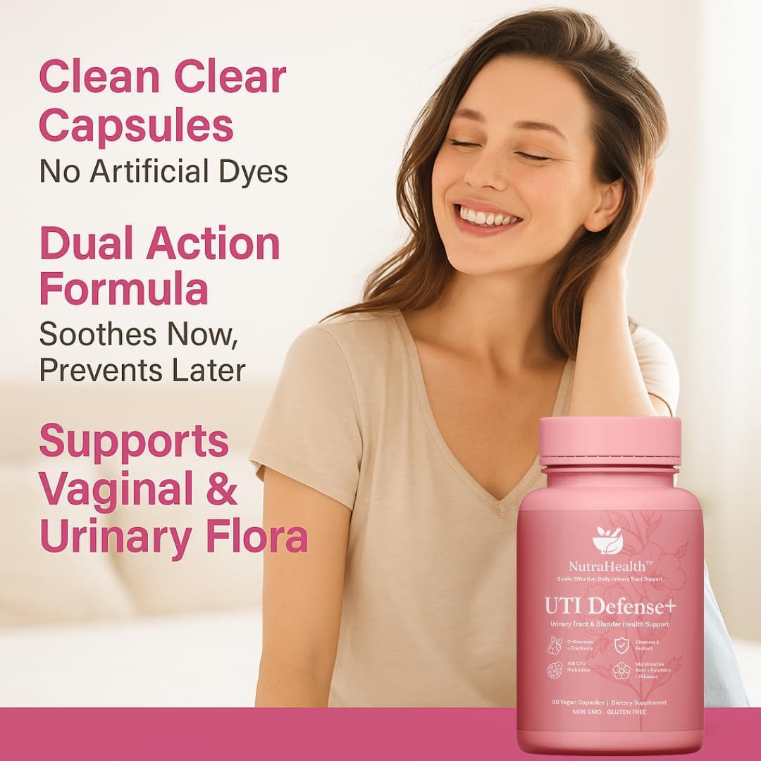 UTI Defense+ – D-Mannose, Cranberry, Hibiscus & Dandelion – Urinary Tract Support for Women – Promotes Bladder Health, Odor Control & pH Balance – 90 Vegan Capsules