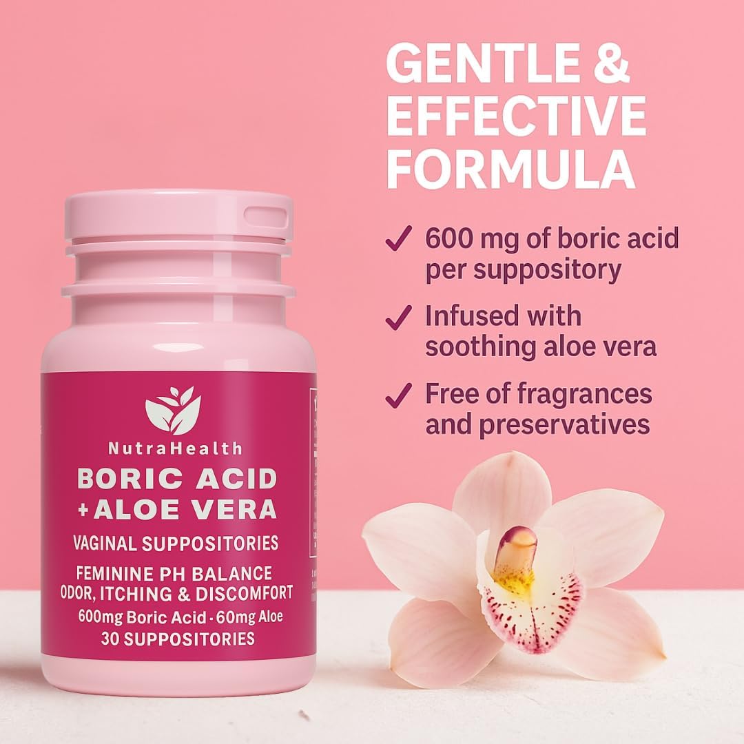 Boric Acid + Aloe Vera Vaginal Suppositories – Feminine pH Balance Support for Odor, Itching, and Discomfort – 600mg Boric Acid + 50mg Aloe – 30 Vaginal Suppositories