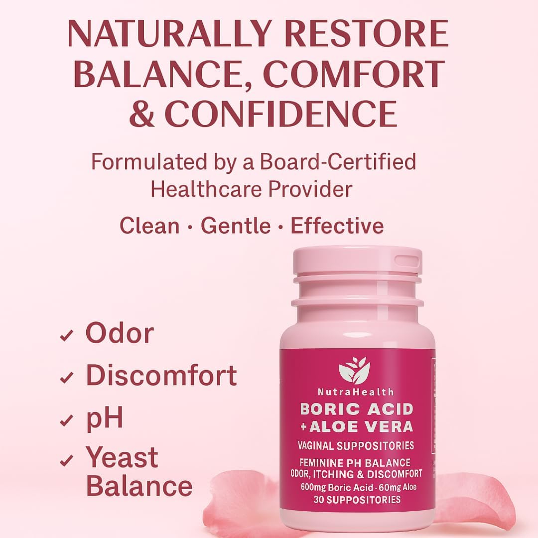 Boric Acid + Aloe Vera Vaginal Suppositories – Feminine pH Balance Support for Odor, Itching, and Discomfort – 600mg Boric Acid + 50mg Aloe – 30 Vaginal Suppositories