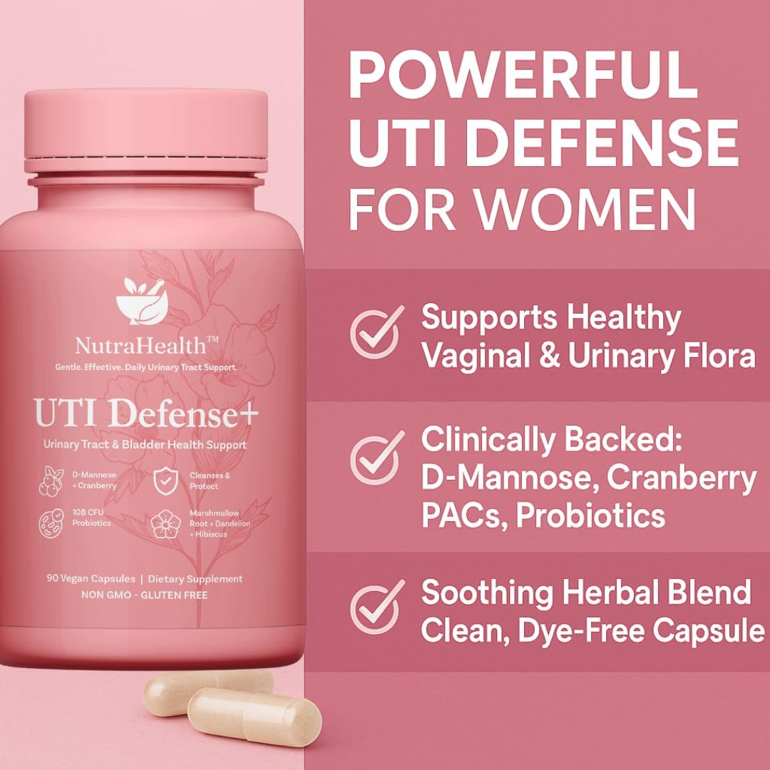 UTI Defense+ – D-Mannose, Cranberry, Hibiscus & Dandelion – Urinary Tract Support for Women – Promotes Bladder Health, Odor Control & pH Balance – 90 Vegan Capsules