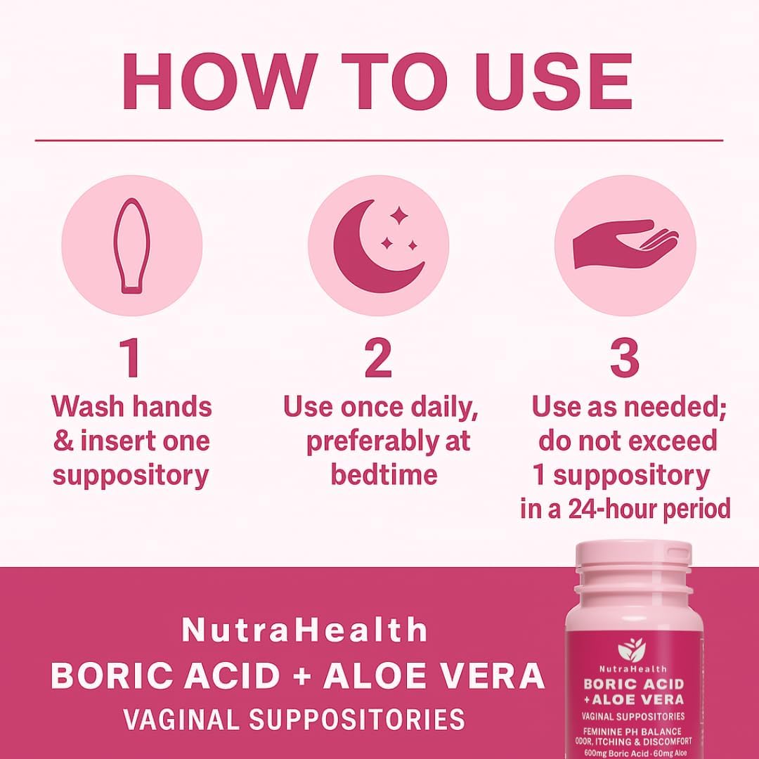 Boric Acid + Aloe Vera Vaginal Suppositories – Feminine pH Balance Support for Odor, Itching, and Discomfort – 600mg Boric Acid + 50mg Aloe – 30 Vaginal Suppositories