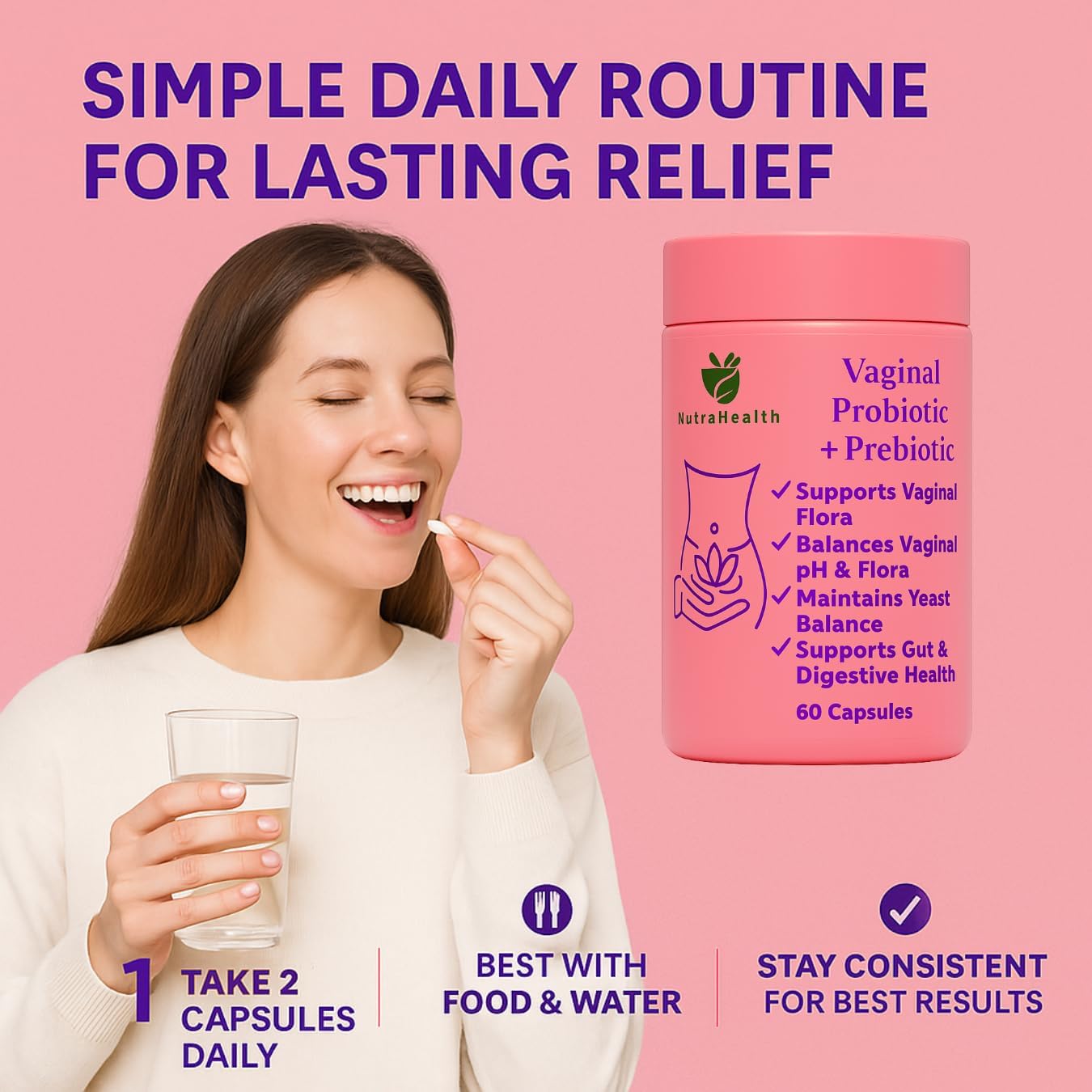 Vaginal Probiotic + Prebiotic for Women – Supports pH Balance, Yeast & Odor – with Lactobacillus rhamnosus, reuteri – Gut & Feminine Health – 60 Capsules