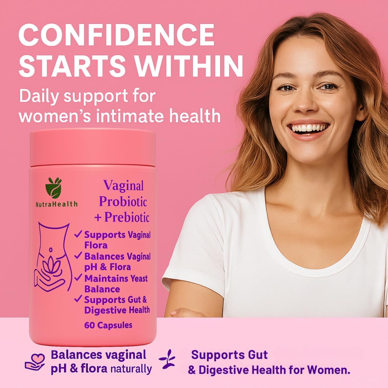 Vaginal Probiotic + Prebiotic for Women – Supports pH Balance, Yeast & Odor – with Lactobacillus rhamnosus, reuteri – Gut & Feminine Health – 60 Capsules