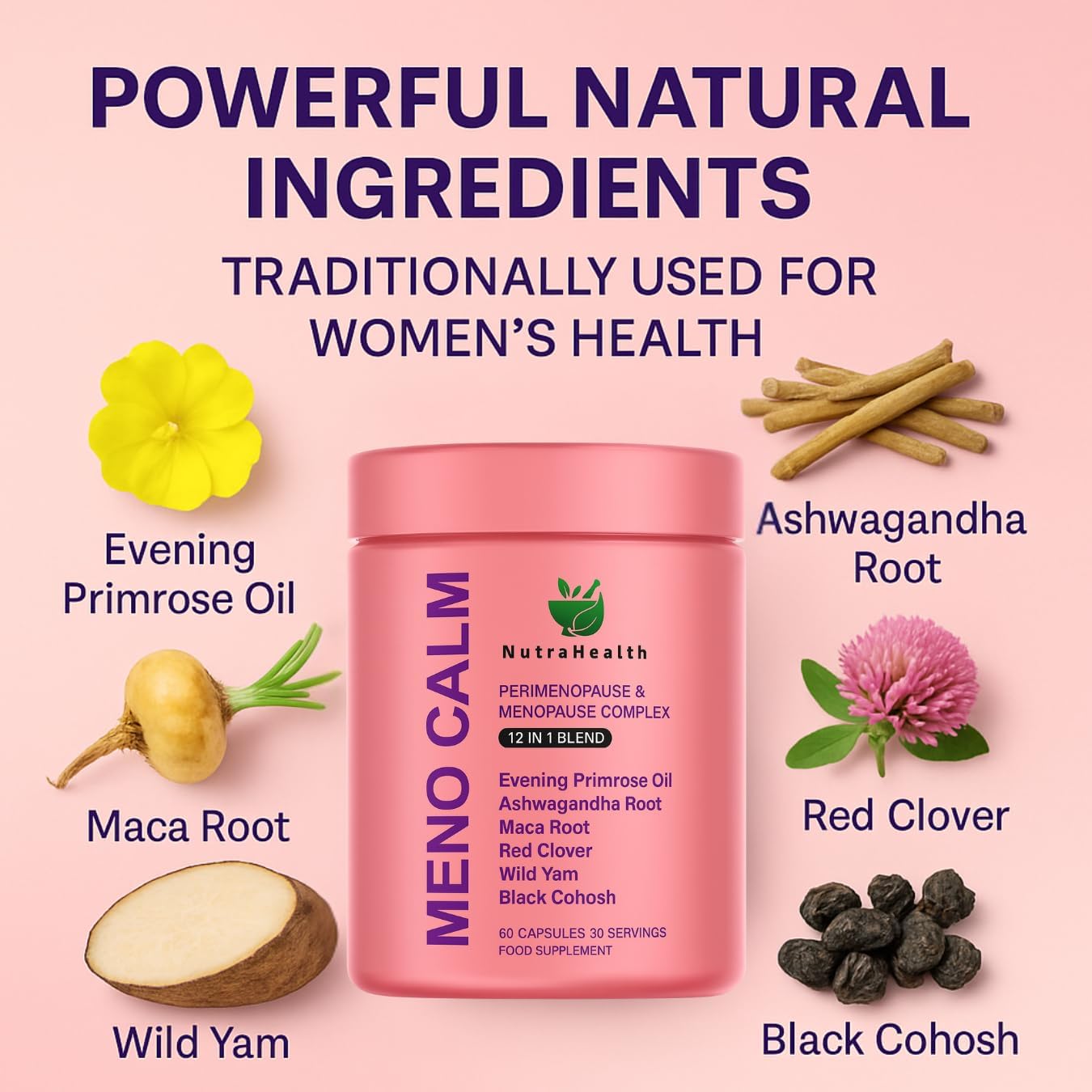 Meno Calm – 12-in-1 Perimenopause & Menopause Complex with Black Cohosh, Evening Primrose Oil, Wild Yam, Red Clover, Magnesium & Vitamins – Support Hormone Balance & Hot Flash