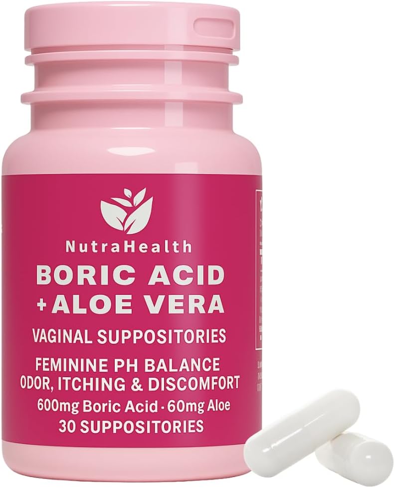 Boric Acid + Aloe Vera Vaginal Suppositories – Feminine pH Balance Support for Odor, Itching, and Discomfort – 600mg Boric Acid + 50mg Aloe – 30 Vaginal Suppositories