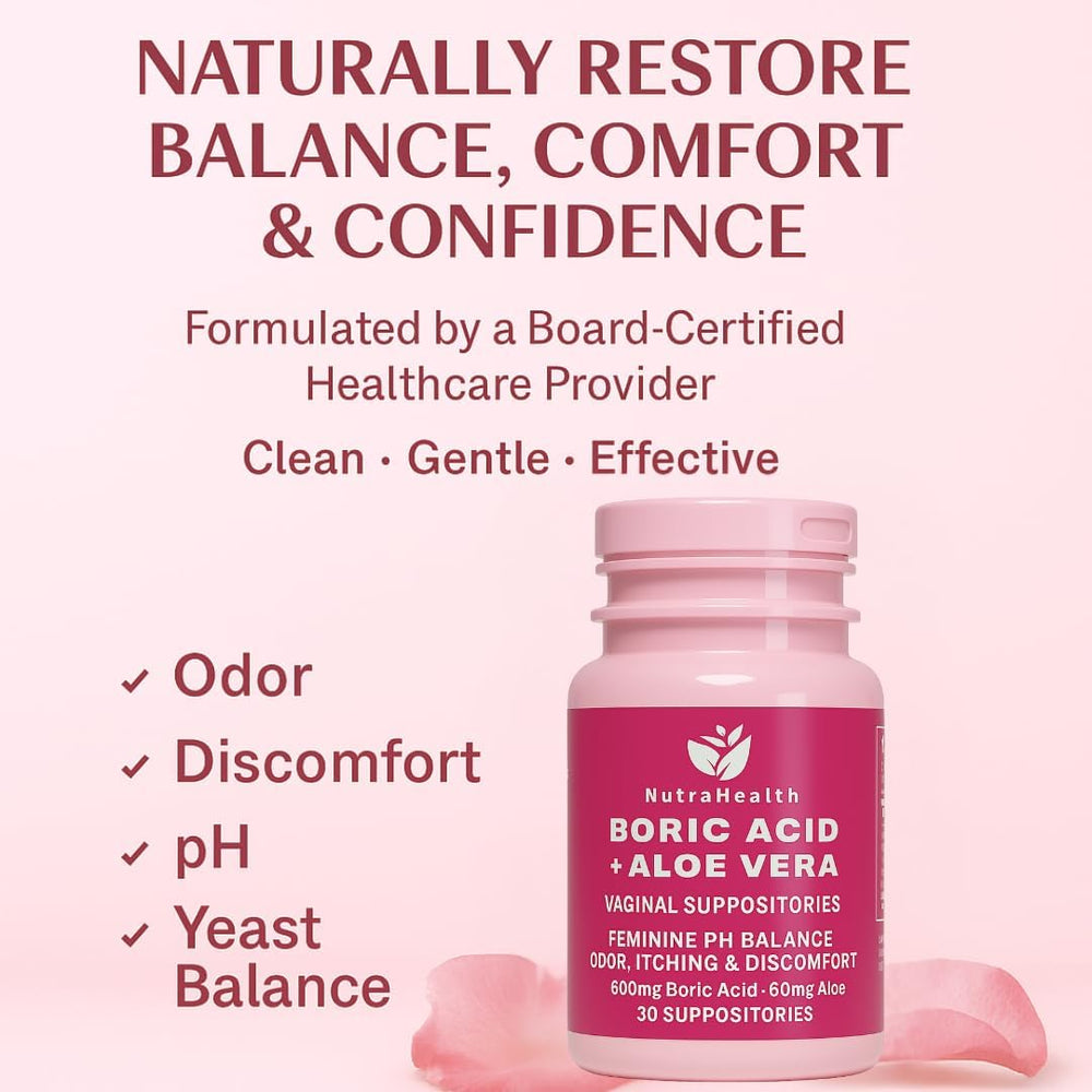 Boric Acid + Aloe Vera Vaginal Suppositories – Feminine pH Balance Support for Odor, Itching, and Discomfort – 600mg Boric Acid + 50mg Aloe – 30 Vaginal Suppositories
